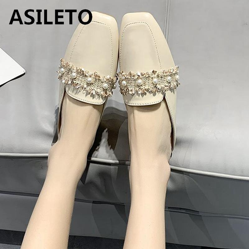 

ASILETO Women New 2021 Slippers Square Toe Slip-On Pearl Classic Luxury Concise Designer Comfy Big Size 35-40 Casual A3688, Beige