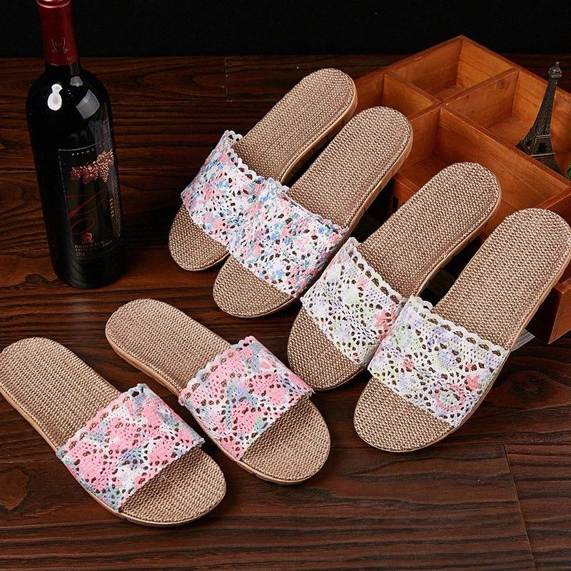 

Women Indoor Slippers Breathable Lace Ladies Home Flax Slipper Anti-slip Spring Autumn Shoes Woman House Floor Slides SH08241 #ZN6M, Black