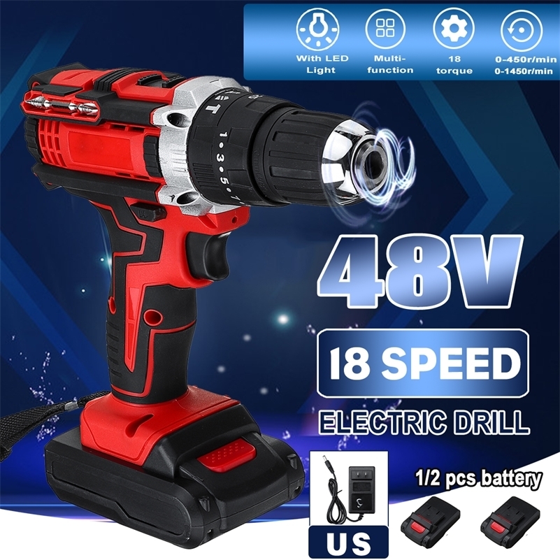 

3 in 1 Cordless Electric Drill Screwdriver Hammer 18 Torque 48V Dual Speed Power Tools With 2 Battery 201225