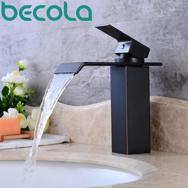 

BECOLA High Quality Waterfall Basin Faucet Single Handle Sink Mixer Tap Black Antique Brass Bathroom Faucets LT-504R1