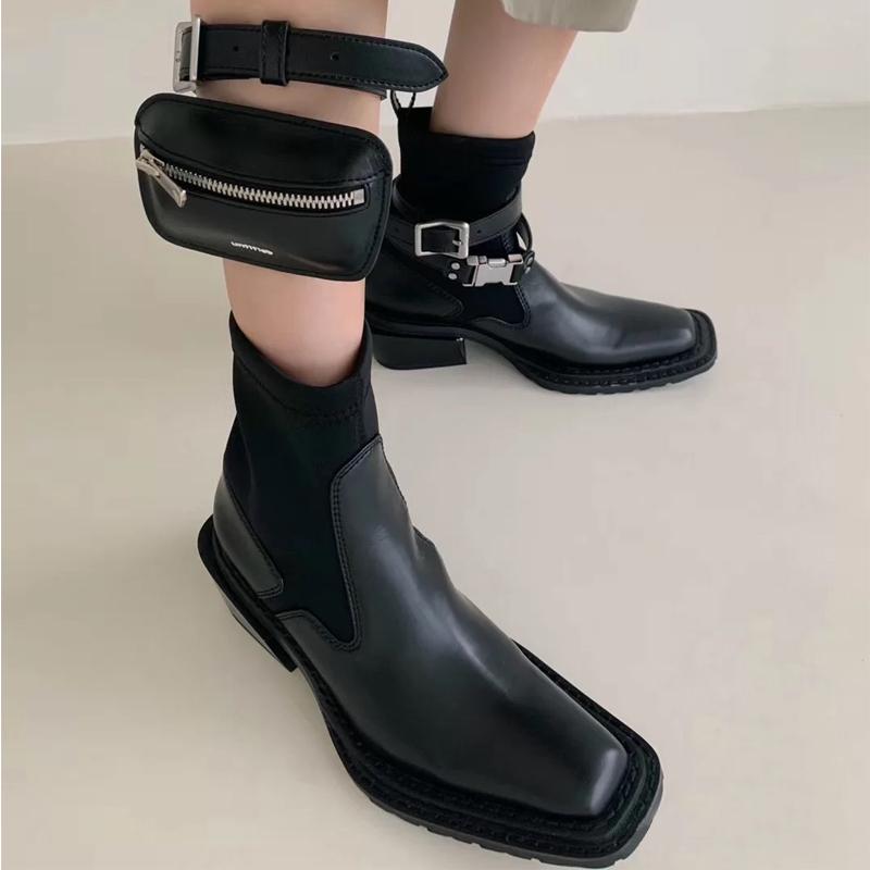 

Mini Bag Mobile Shoes Woman Square Toe Boots Woman Buckle Botas Mujer Platform Zapatos De Mujer Ins Stretch Short Combat Boots, As pic