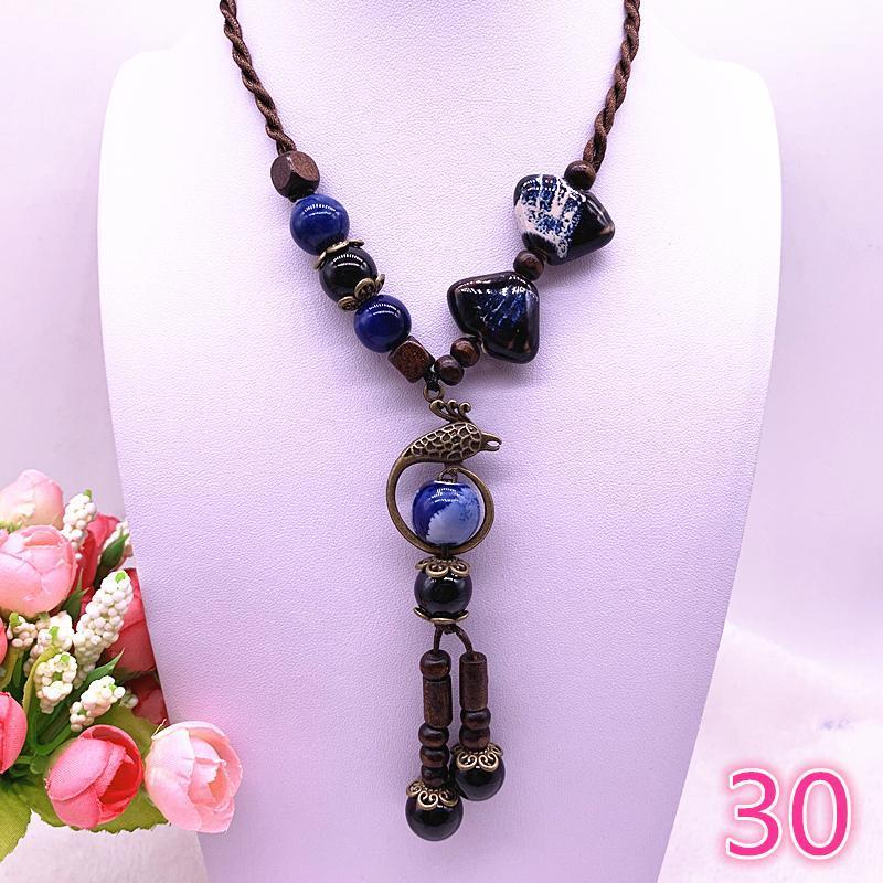 

Fashion Ethnic Jewelry Traditional Handmade Ornaments Weave Wax Rope Ceramics Necklace Ceramics Beads Pendant Long Necklace #291
