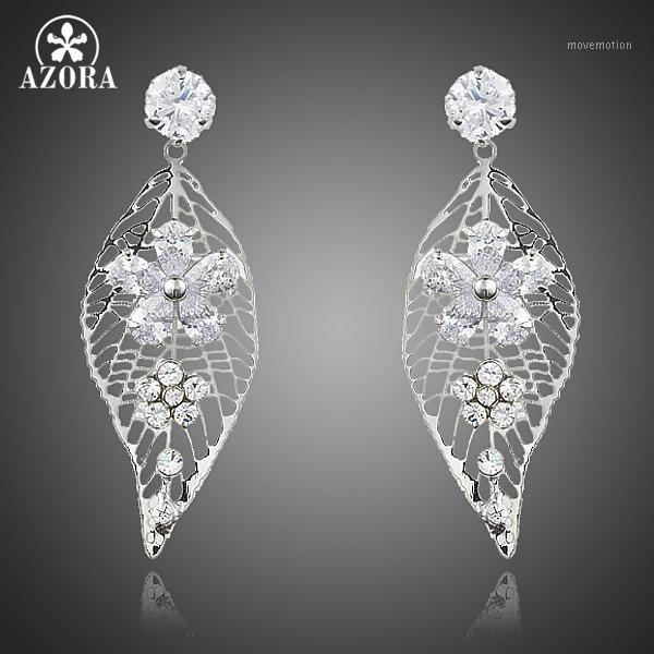 

AZORA Attractive Leaf Design Clear Top grade Cubic Zirconia Flower Water Drop Earrings for Women TE02011