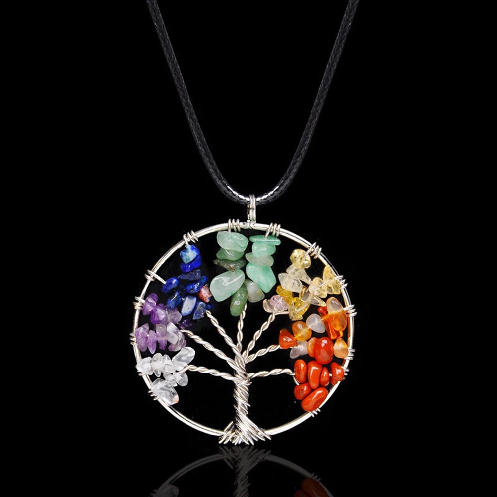 

7 Chakra Quartz Natural Stone Tree of Life pendulum Pendant Necklace for Women Healing Crystal Necklaces Pendants Reiki Jewelry, Silver