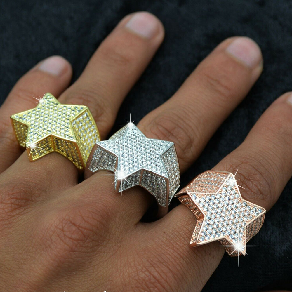 

Mens 3D Star 14K Gold Plated Copper Rings Bling Iced Out Cz Stone Star Shape Ring Gold Silver Rosegold Hiphop Jewelry