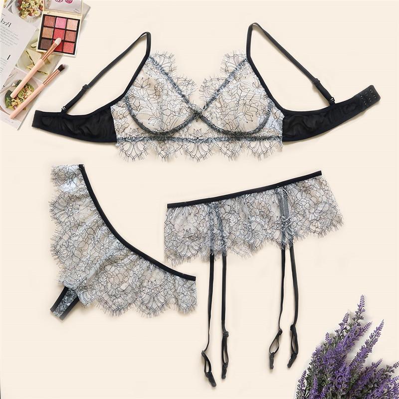 

2020 High Quality Soft Triangle Cup Wireless New Sexy Women Lace Mesh Bra Set 3PC Brassiere+Thong Transparent Femme Lingerie1, Beige