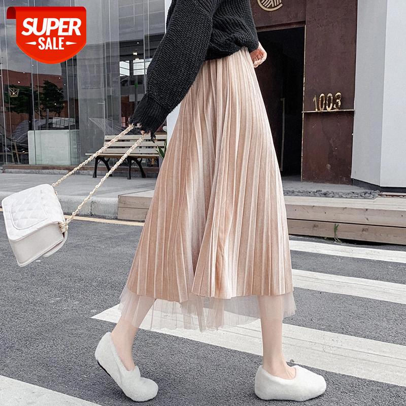

JXMYY 2020 two-sided gold velvet mesh skirt women's autumn and winter mid-length gauze skirt pleated #Kx07, White;black