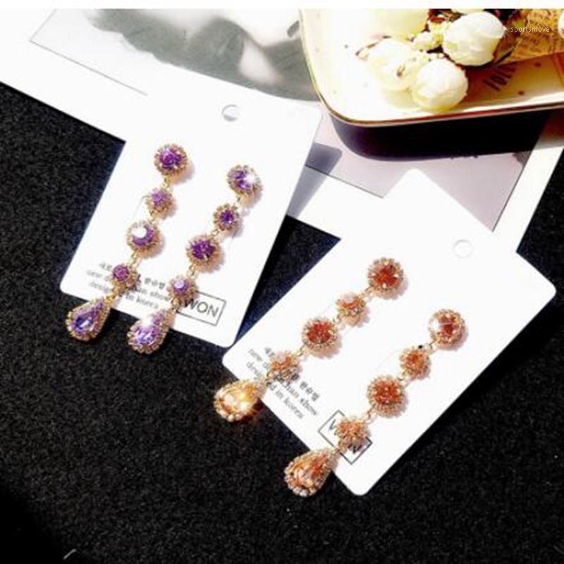 

2020 Korean New Fashion Shining Rhinestone Flower Long Pendientes Crystal Water Drop Dangle Earrings Women Accessories1