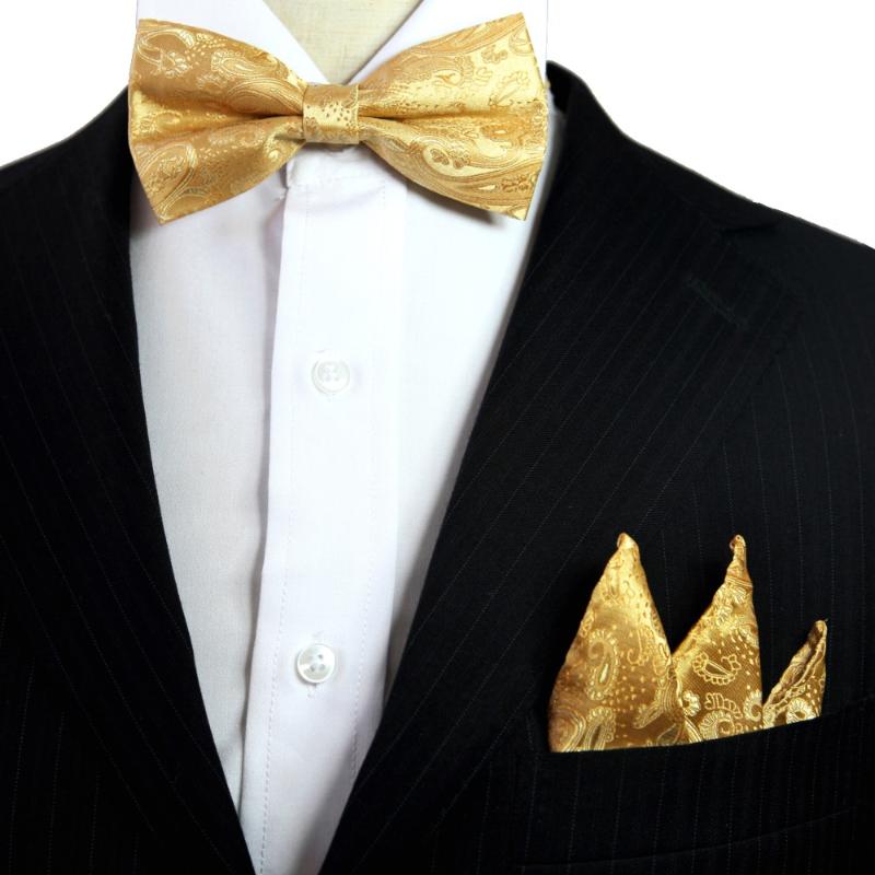 

Paisley Floral Solid Yellow Gold Tuxedo Bow Tie Pre-tied Mens 100% Silk Adjustable Hanky Set Formal Fashion Casual Party