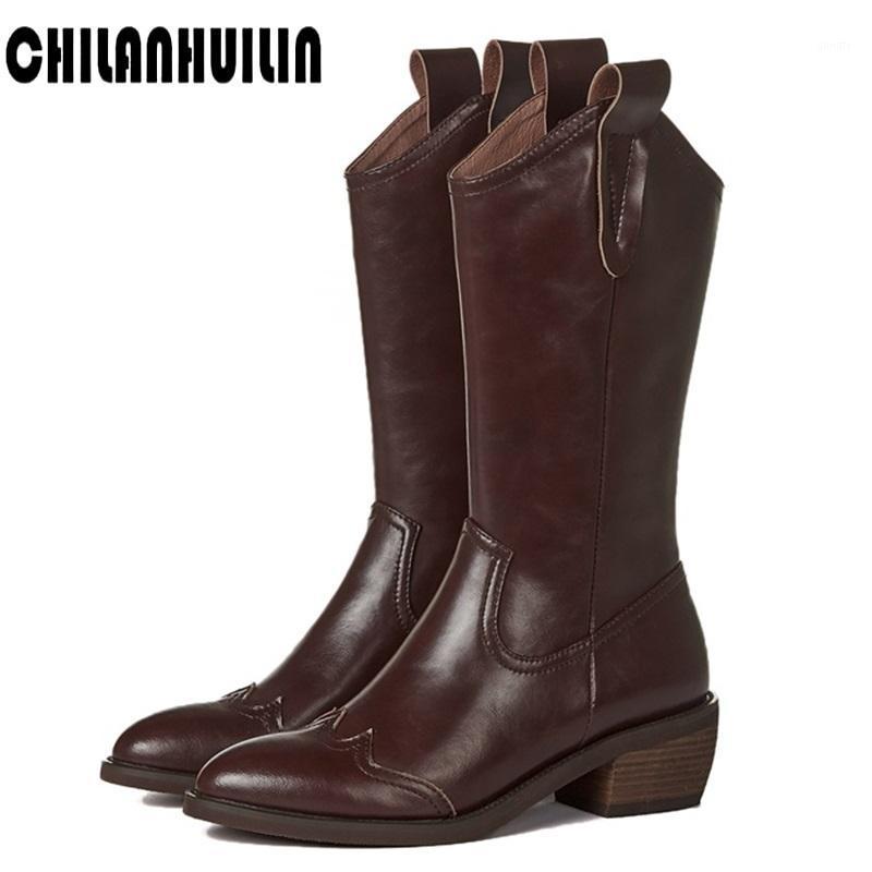 

classic stitching cowboys mid calf boots woman ankle boots female autumn winter soft leather pointed toe high heel westen1, Black
