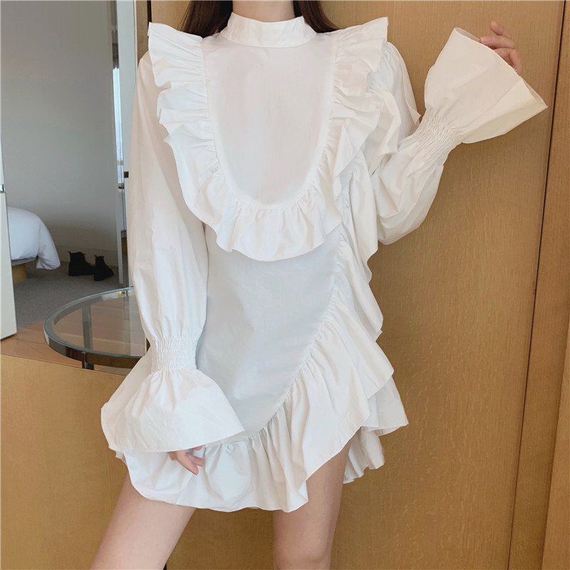 

2021 Undesirable Female Loose Frells Fashion Long Sleeve Shirt New Fall Style Street Frilly White Dress 8YUQ