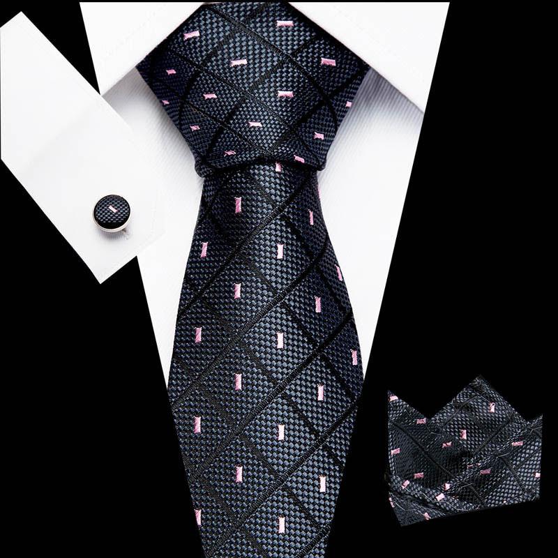 

2020 Fashion Black Pink Plaid 7.5cm Width Tie Hanky Cufflinks Sets Men's Silk Ties for men Formal Wedding Party L10003-S48