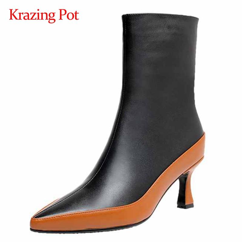 

Krazing pot work boots genuine leather mixed colors mature pointed toe thin high heel zipper office lady dating ankle boots L69, Black