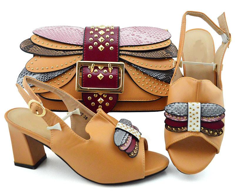 

Hot sale khaki women pumps with metal decoration african shoes match handbag set for dress YM007A,heel 8CM, Pink