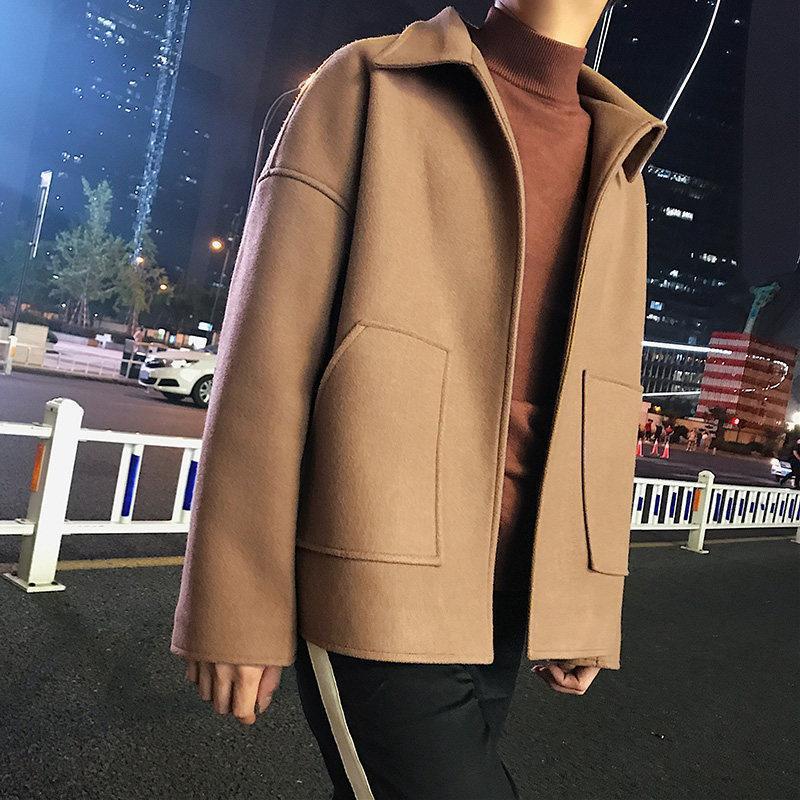 

Trench Coat Men Short Literature And Art Retro Fold-Down Collar Loose Woolen Coat Teenager Trend Casual Winter Male, Camel