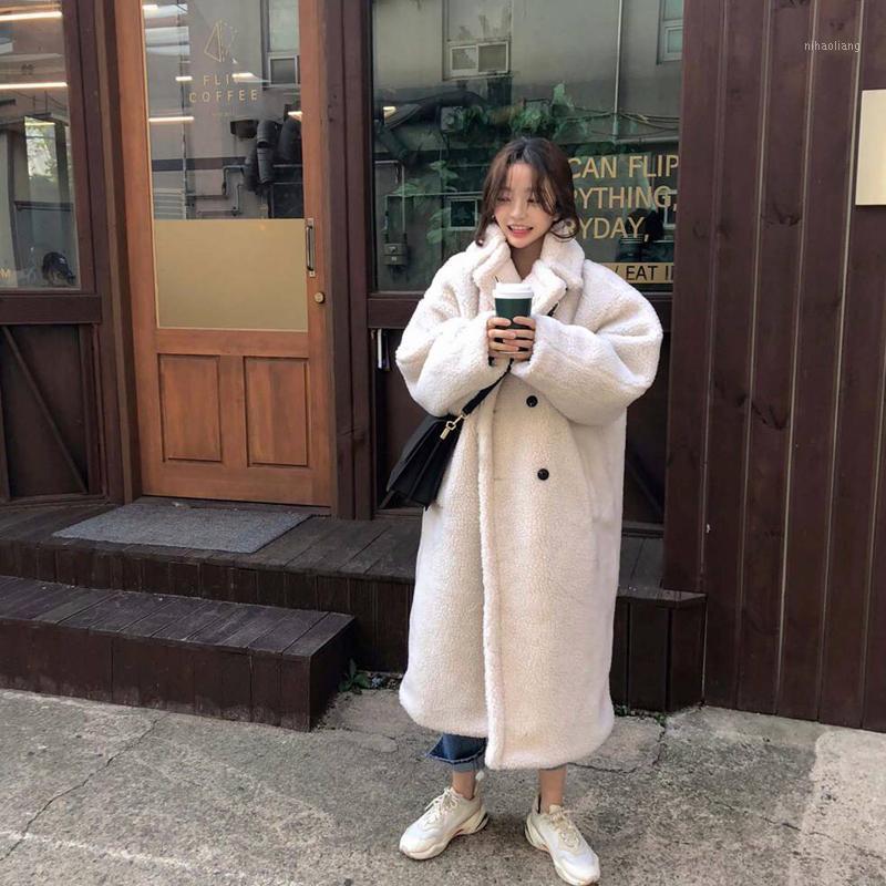 

Warm Female 2021 Retro Loose Winter Women Coats Lamb Wool Warm Turn-down Collar Soft Single Breasted Chic Casual1, Rice white