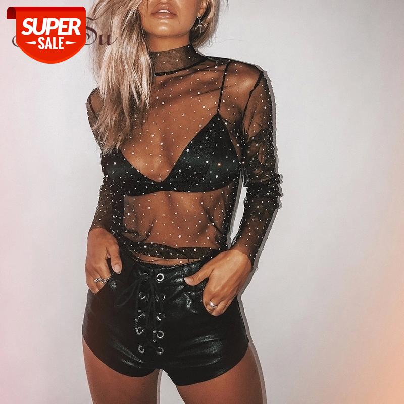 

ArtSu Sexy Transparent Mesh Top Sequin Long Sleeve T shirt Women Tops Black White Best Friends T shirt Streetwear ASTS20926 #Ku27