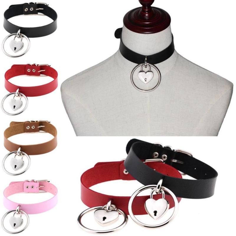 

New fashion charm - Multi - color exaggerated punk Imitation Leather Necklace metal round concentric lock collar Girl Necklace