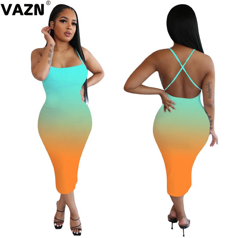 

VAZN Hot sale 2020 summer sexy lady indigo-orange gradient solors dress spaghetti strap backless sheath dress young sexy