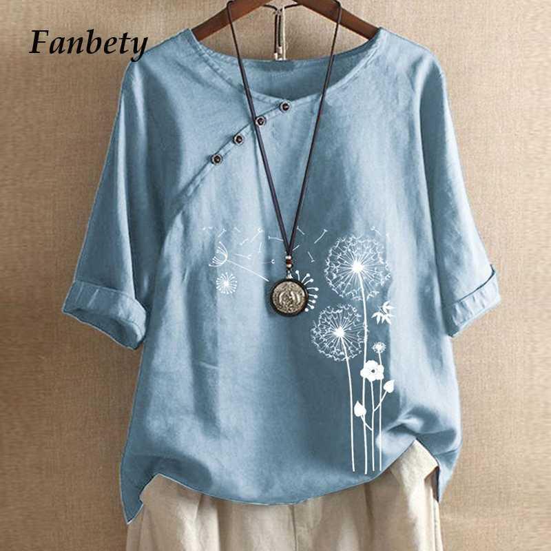 

Women O-Neck Cotton Linen Blouse Shirts Spring Autumn Elegant Casual Pullover Tops Female Floral Print Loose Streetwear Blusa 5X, 02 light blue