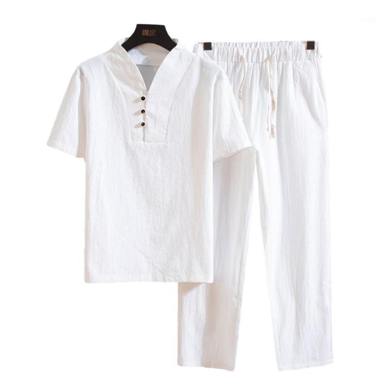 

MISSKY Men Suits Solid Color Cotton Linen Clothes Chinese Style Casual Short Sleeve T Shirt Cropped Pants Set For Female New1, Black