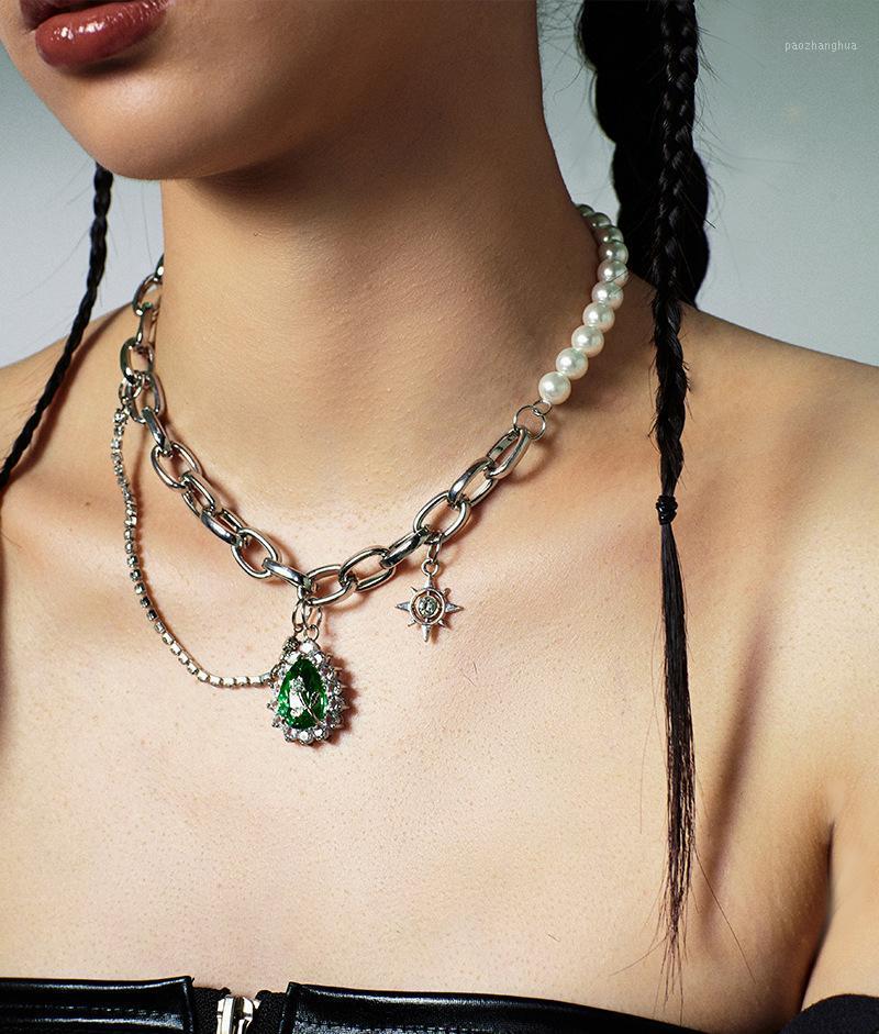 

Chains Gemstone Necklace Y2k Dark Cold Wind Rhinestone Stitching Pearl Cool Girl Street Shooting Trend Boy, Silver
