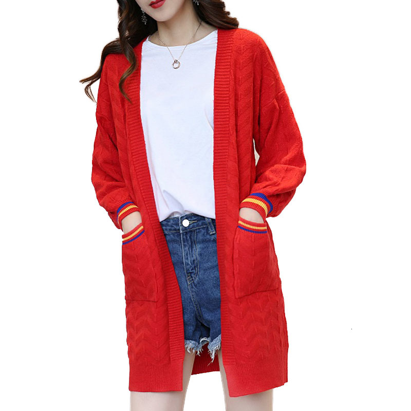 

Meade-length Woman's Jacket Spring New 2021 Released Student Female with V-flashlight Sleeve Cardigan Sweater St1k, Pink.