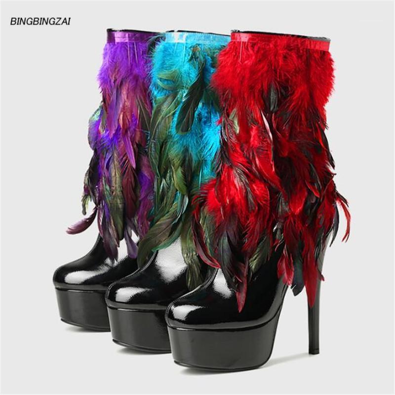 

New pattern Superior quality Women's Boots 15cm High-heele dpersonality True feather Stage performance Nightclub USA 4-16 171, Red