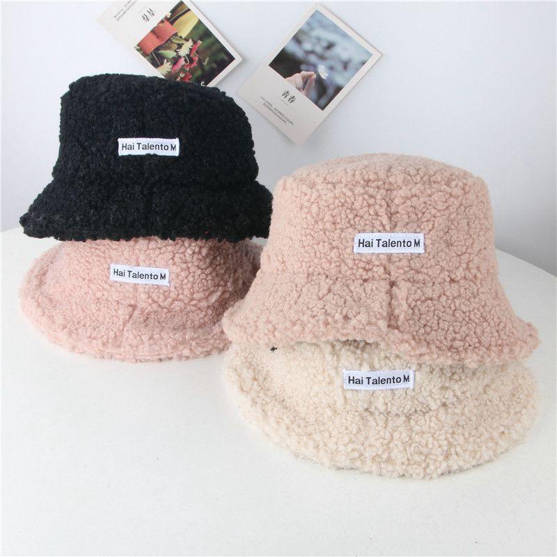 

Wide Brim Hats Winter Baby Girl Boy Bucket Hat Cute Lamb Wool Letter Kids Fisherman Solid Flat Top Children Outdoor Thick Warm Sun Cap, Pink