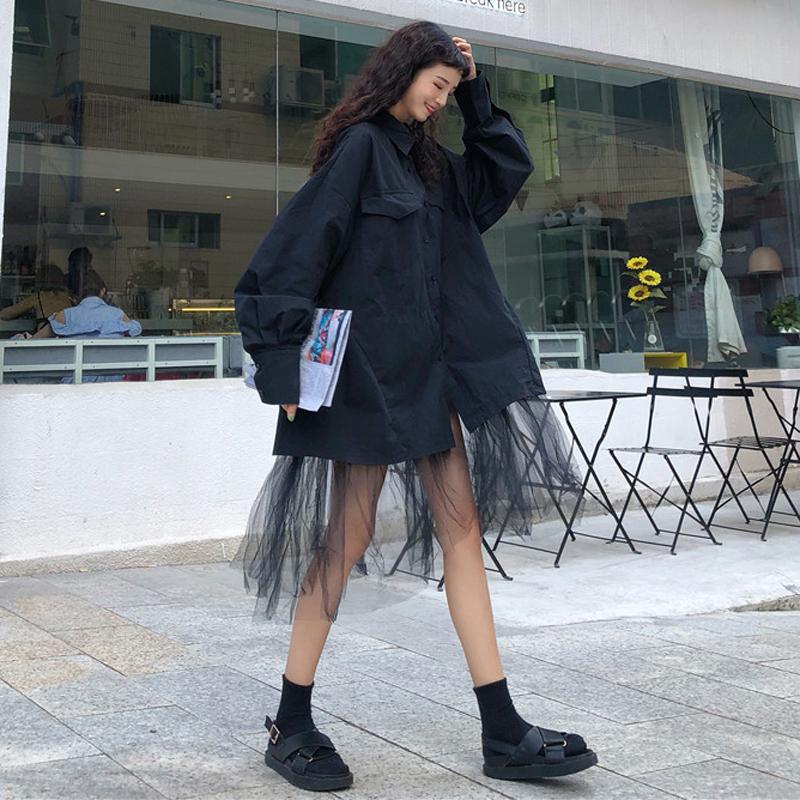 

2021 New Long Mesh Stitching Shirt Loose Retro Hong Kong Taste Casual Female Shirts Plus Size Loose and Versatile Small Fresh, Black