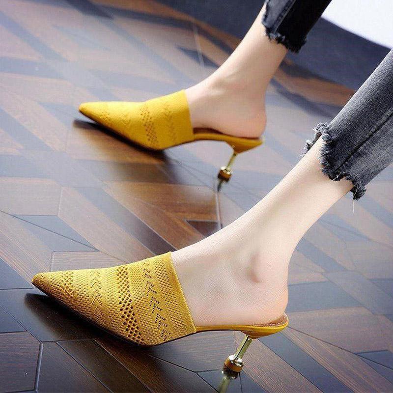 

Knit Mesh Breathable High heels Mules slippers women 2020 summer shoes women Pointed Toe Thin Heels Fashion Party ladies shoes1, Beige