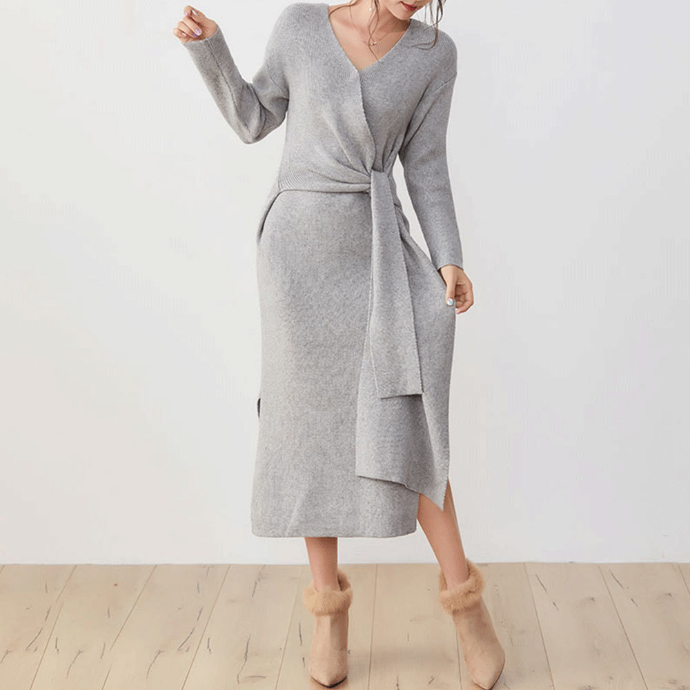 

2021 Women's Mid-calf Long Sleeve V-neck Single Plain Belt Pullover New Style Suit Fall Winter Female Knit Dress Z85P, Gray