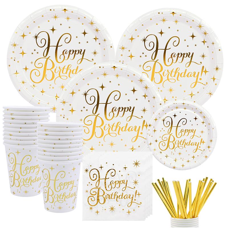 

White Gold Dot Disposable Tableware Set Paper Cup Plate Gold Dot Banner Napkin Birthday Wedding Party Tissue Tablewares Supplies