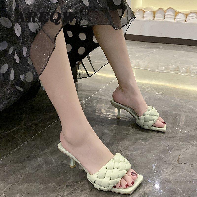 

Square Toe Slippers Women Peep Toe Med Heel 4cm Slides Summer Shoe Women Embroidery Mule Massage Outsole Slipper, Black