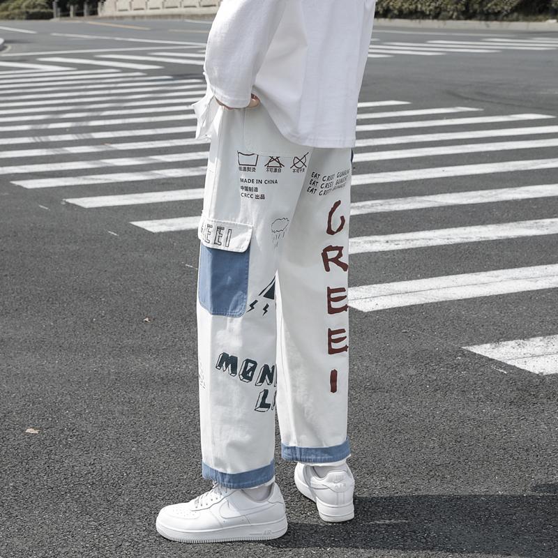 

Jeans Autumn Winter Korean Trend Plus Velvet Ins Safari Style Fashion Loose Sport Outdoor Drawstring Straight Wide Legs Pants, White