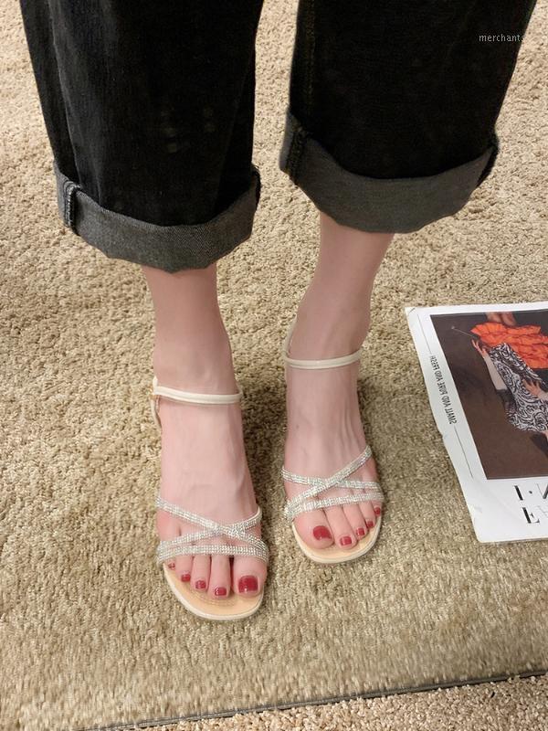 

New summer fashion rhinestones versatile thick heel Roman shoes1, Beige