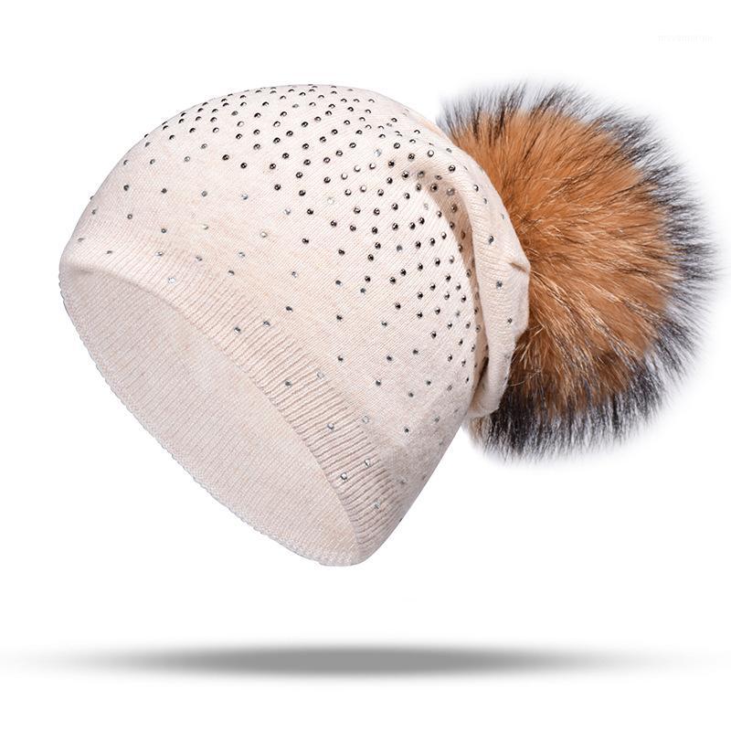 

Womens Rhinestone Beanie Hat with Real Fur Pompom Winter Wool Knitted Slouchy Beanies for Ladies Raccoon Pompon Skullies&Beanies1, Black