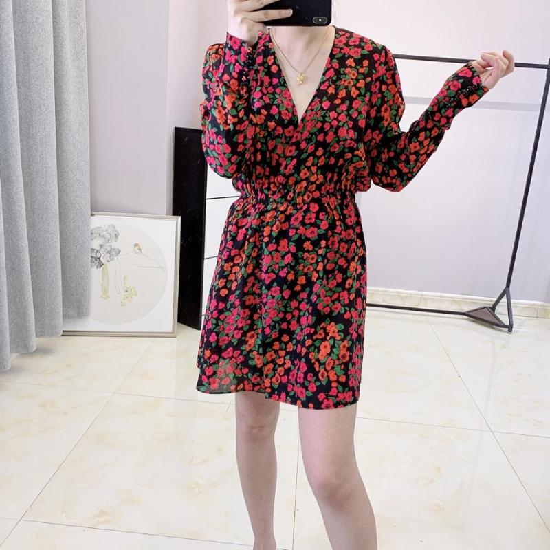 

Women Dress 2020 New Vintage Waist Camellia Print Floral Silk Mini Dress, Red