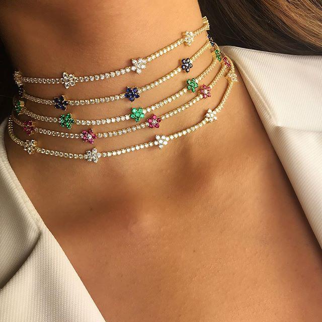 

2020 spring summer gift jewelry tennis cz choker thin chain flower charm green red orange white colorful choker necklace