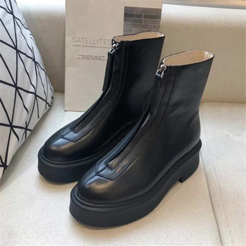 

Women's Front Zipper Ankle Thick Soles Platform Shoes Genuine Leather Short Autumn Boots Mujer Riding Boot 30rl, Beige