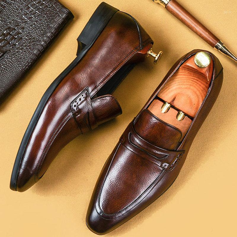 

Fashion Men Shoes Cowhide Genuine Leather Business Luxury Men Dress Shoes Brown Black Formal Wedding Slip-on Oxfords1