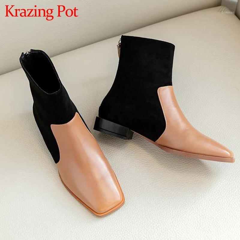 

Krazing Pot mixed colors cow leather stretch flock square toe low heels back Zipper winter women keep warm cozy ankle boots L441, Brown