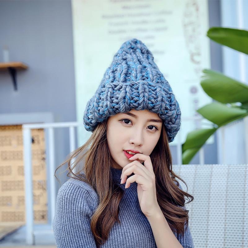 

Winter Women Hat 2021 Coarse Knitted Mix Color Thick Stick Warm Beanies Hat Crochet Women Fashion Chunky Casual Stretchy Hats, Blue gray