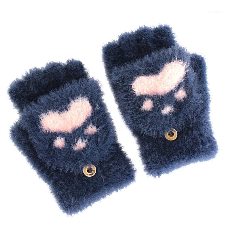 

Winter Warm Soft Fur Knit Mittens Women Flip Half Finger Plush Thick Cute Cartoon Cat Claw Touch Screen Driving Gloves1