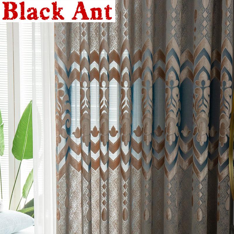 

European Geometry Jacquard Semi-Blackout Curtain Luxury Blue Cut Pile Fabric Window Drapes Living room Fashion Home Decor ZH224E, Flocking yarn
