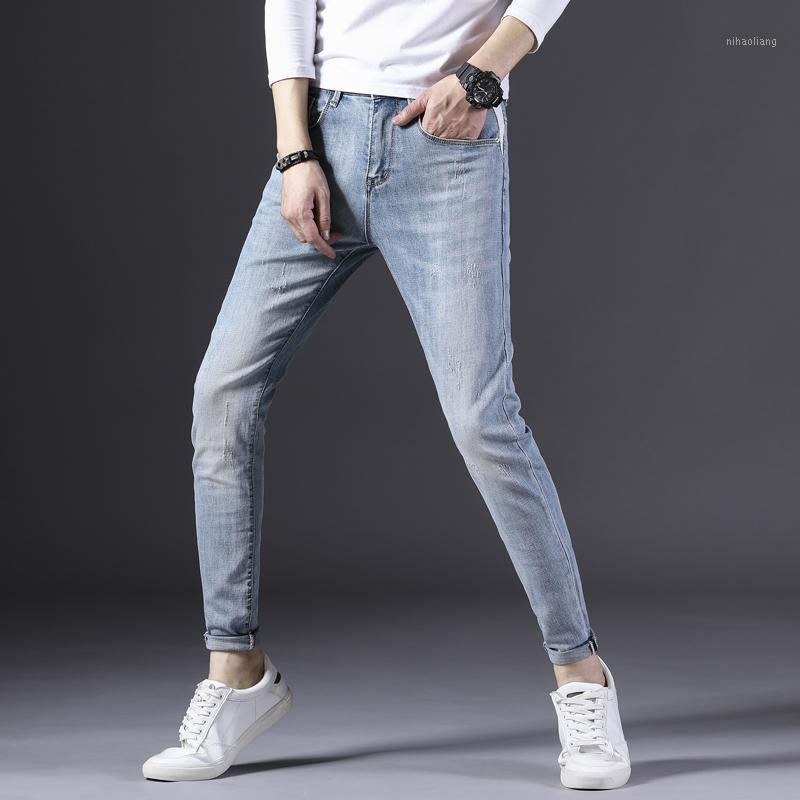 

Men's Slim Fit Jeans high Leisure waist jeans Street fashion style stretch pants Man Bottoms Damaged by washing Ankle pants1, Blue