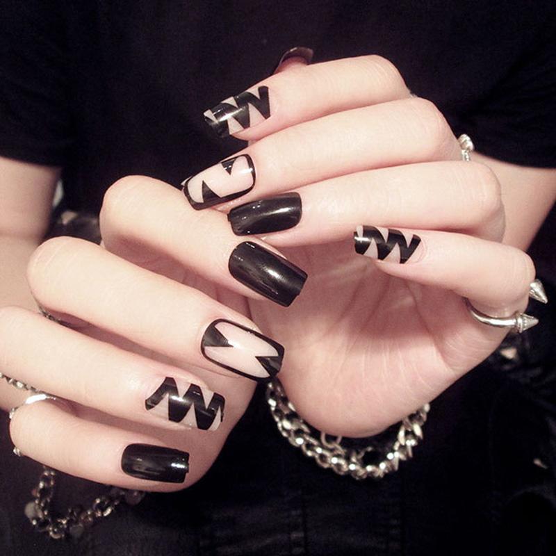 

1/24PCS Fake Nails Stickers With Glue Black DIY Fashion Style Full Finished Artificial Nail Art Tips False Nail Decals Art, 1pcs