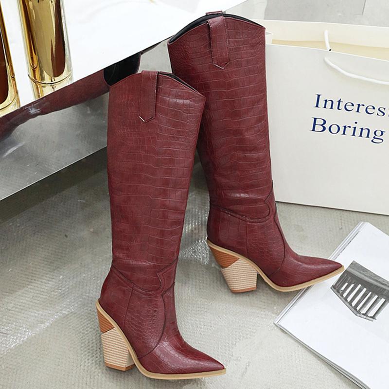 

2021 Luxury Burgundy Boots Women Fetish Vintage Knee High Boots Platform Wedges 10cm Heels Lady Chunky Knight Winter Warm Shoes, Wine red