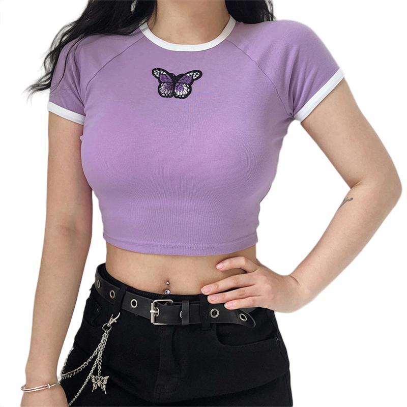 

2020 New Fashion Women' Summer T-shirt Simple Butterfly Embroidery Printed Short Top Rib Short-Sleeved Blouse (/M/L, As pic