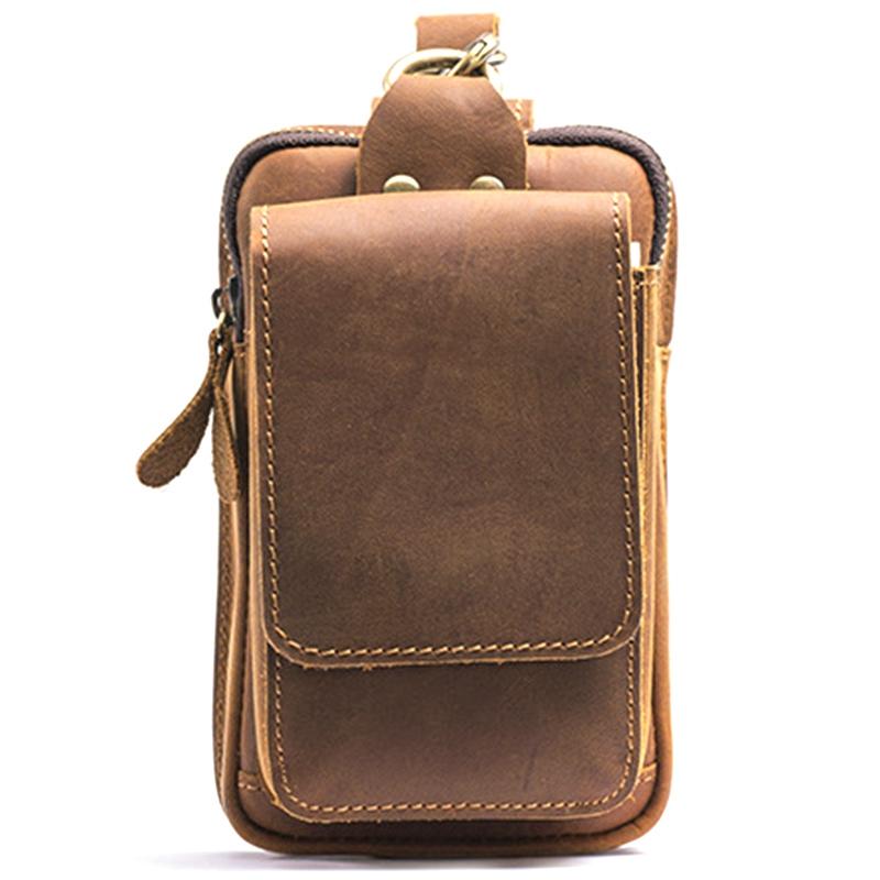 

Real Leather Casual Small Waist Bag for Men Cowhide Fashion Hook Bum Bag Chest 5.5 inch Phone Pouch, Brown
